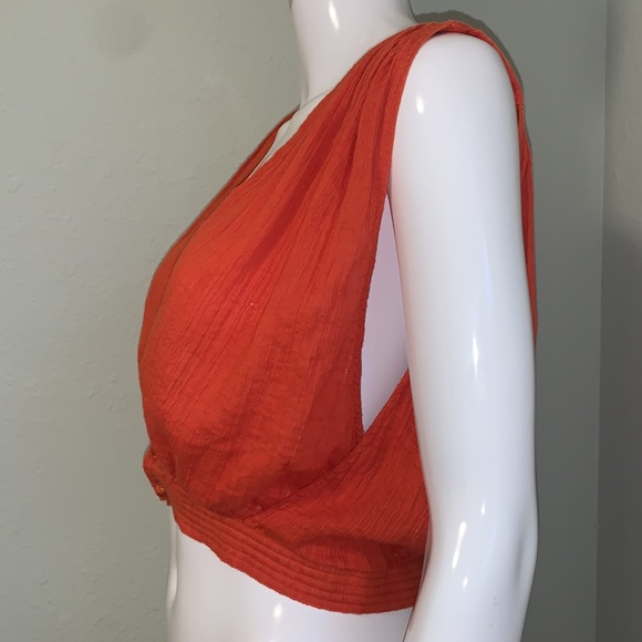 Free People Red Tangerine Orange Boho V- Neck Crop Top - Picture 6 of 9
